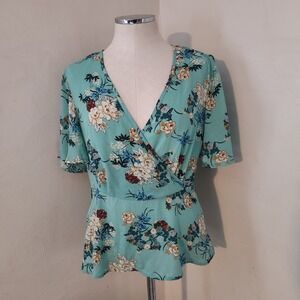 PRIMARK‎ Womens Teal Floral Print Wrap Peplum Blouse Top Petite US Size 10